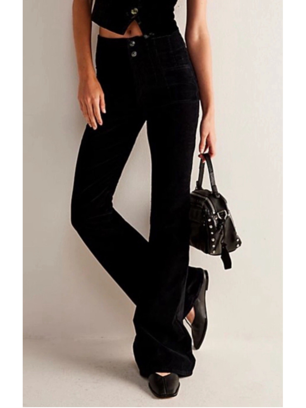 Free People Women's Jayde High Rise Flare Corduroy Pants In Black Sz 24 NWT